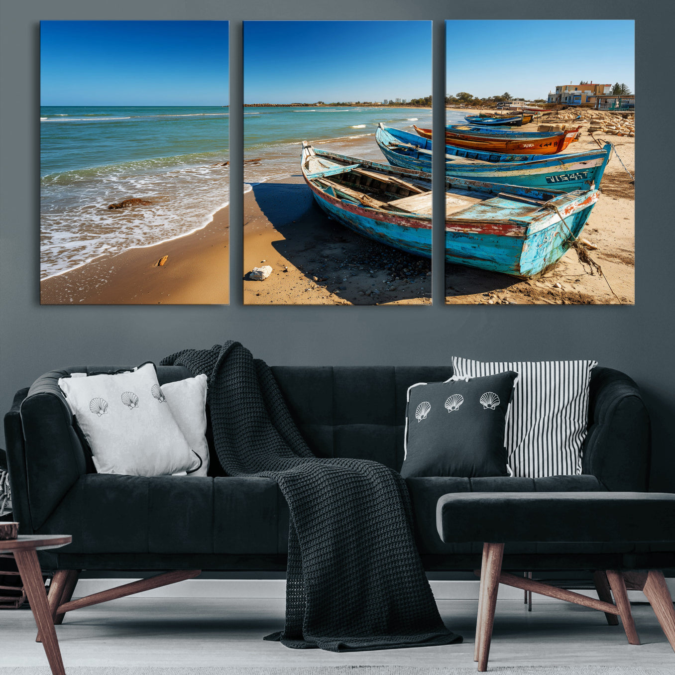 23003319-MGV-CV-36X24 - Coastal Fishing Boats Wall Art Canvas Print, Sunset Beach Boat Scene, Rustic Seaside Landscape Artwork, Calm Ocean Shore Wall Art