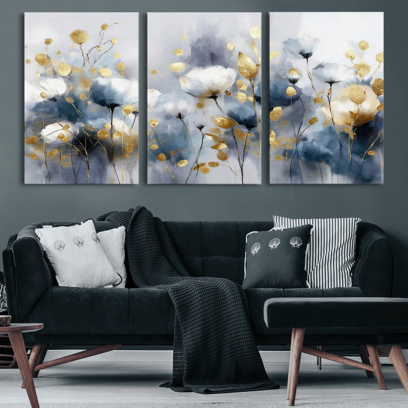 84358857-MGV-CV-36X24 - Large Abstract Flowers Wall Art Canvas Print – Gold and Blue Botanical Artwork for Living Room, Bedroom, and Office Decor