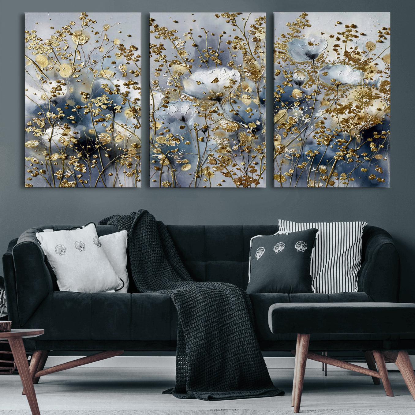 24499670-MGV-CV-36X24 - Abstract Floral Wall Art Canvas Print – Gold and Blue Botanical Artwork for Living Room, Bedroom, and Office Decor