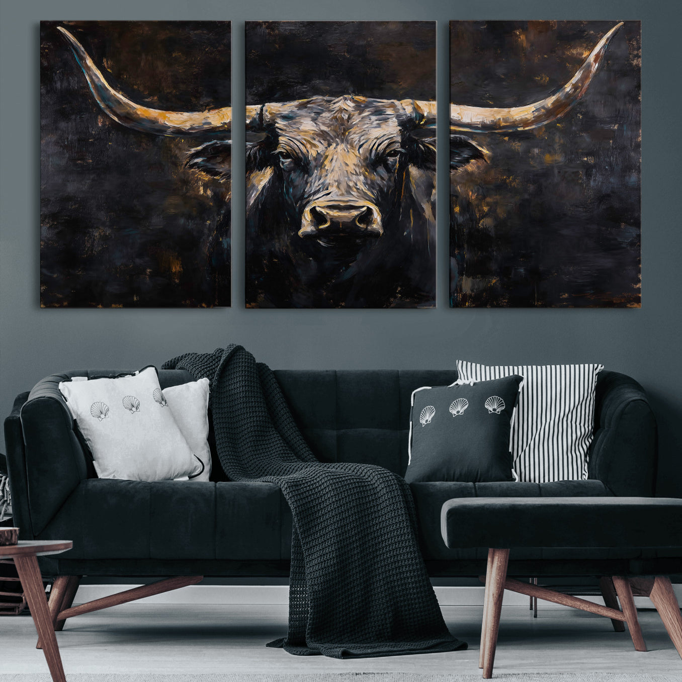 17622011-MGV-CV-36X24 - Abstract Longhorn Bull Wall Art Canvas Print – Dark Rustic Western Cattle Artwork for Farmhouse, Ranch, Cabin, and Office Decor