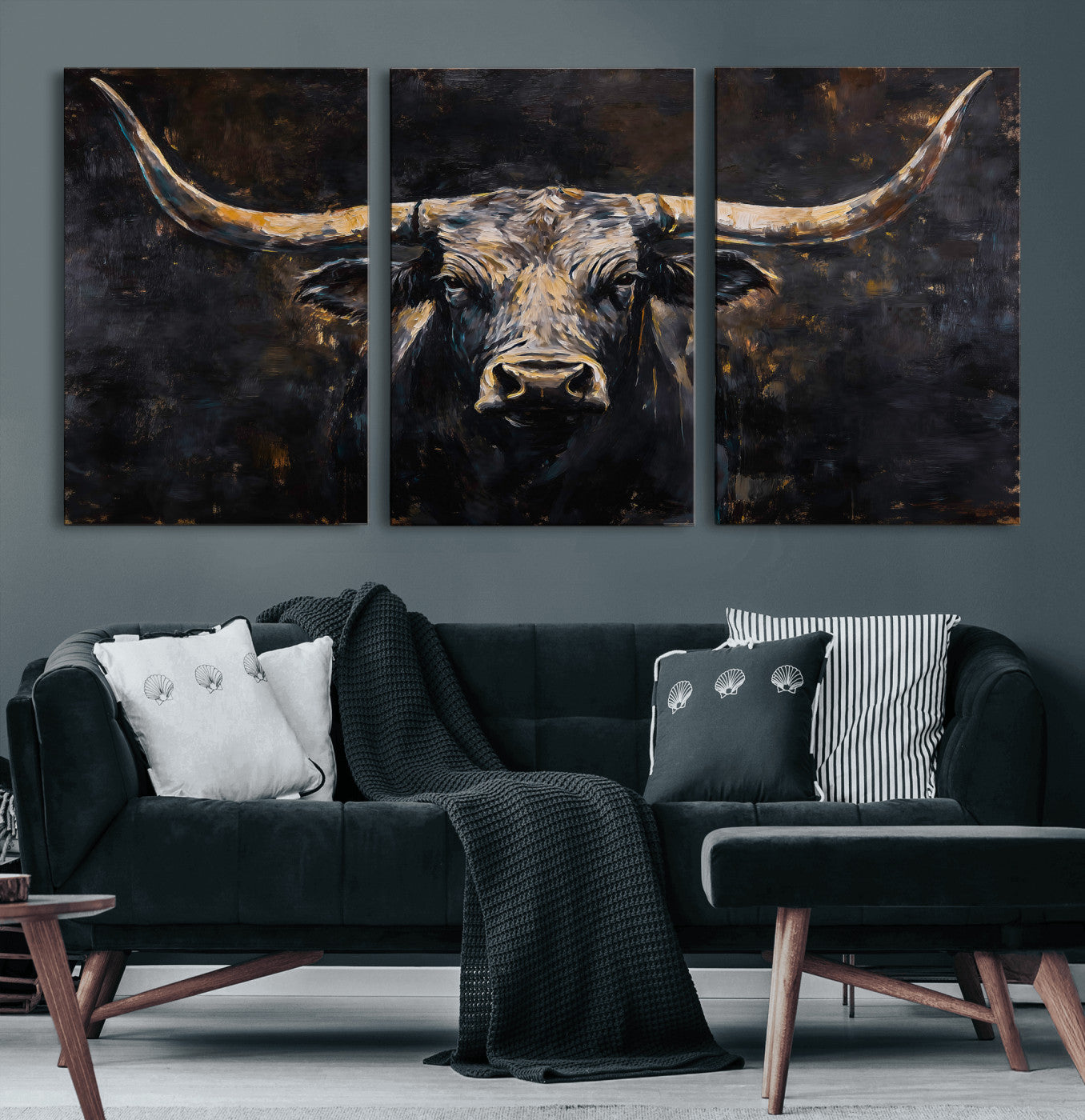 17622011-MGV-CV-36X24 - Abstract Longhorn Bull Wall Art Canvas Print – Dark Rustic Western Cattle Artwork for Farmhouse, Ranch, Cabin, and Office Decor