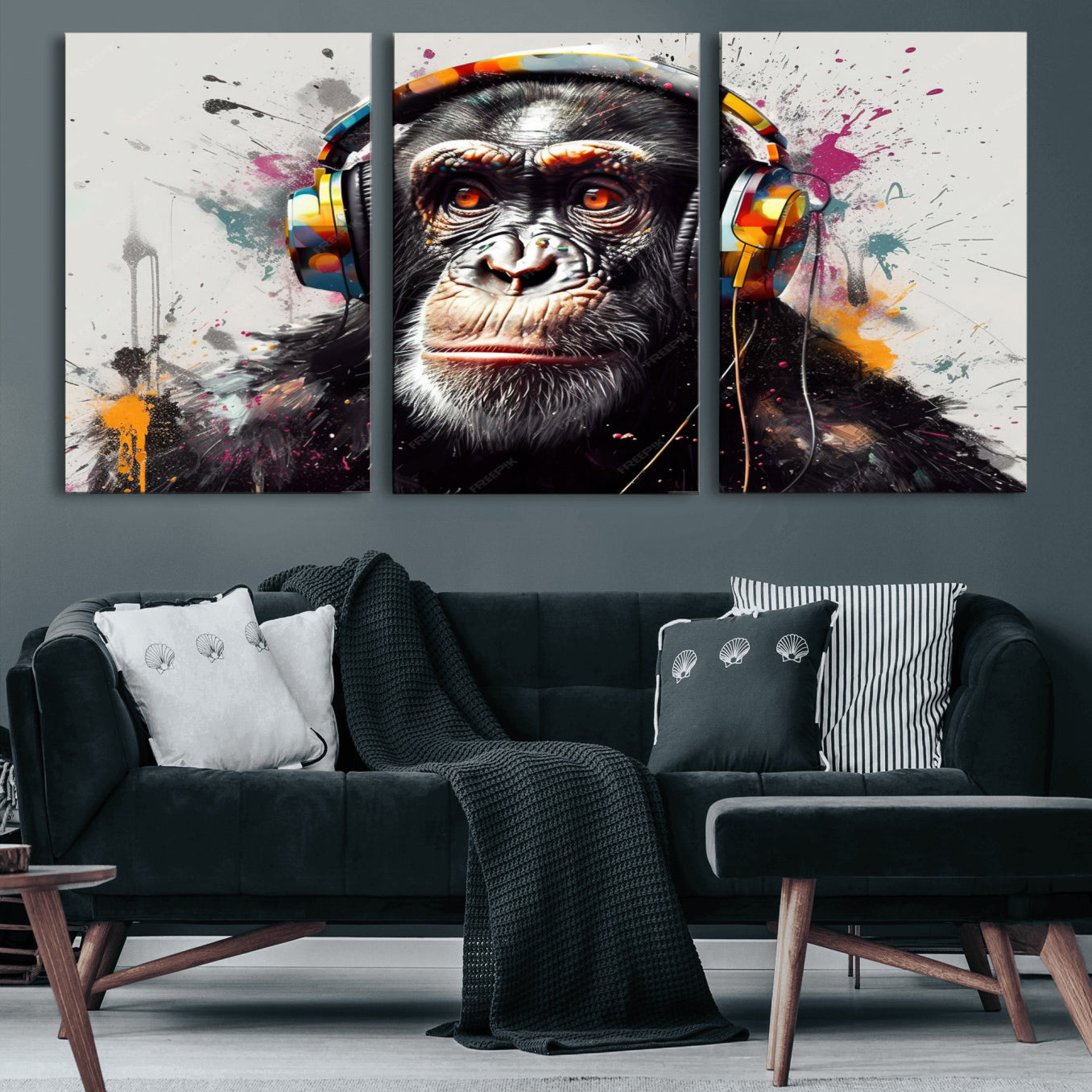 31244985-MGV-CV-36X24 - Dj Monkey Wall Art Canvas Print – Colorful Pop Art Banksy Graffiti Chimpanzee Print