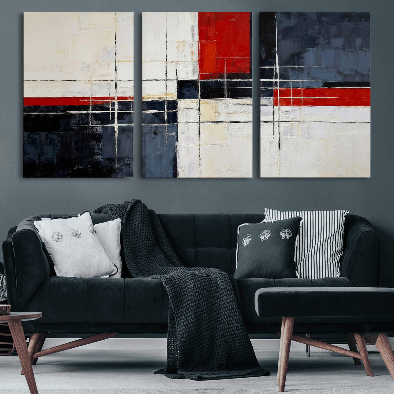 44088165-MGV-CV-36X24 - Navy Red Abstract Wall Art Canvas Print, Modern Luxury Geometric Painting Wall Decor for Living Room and Office
