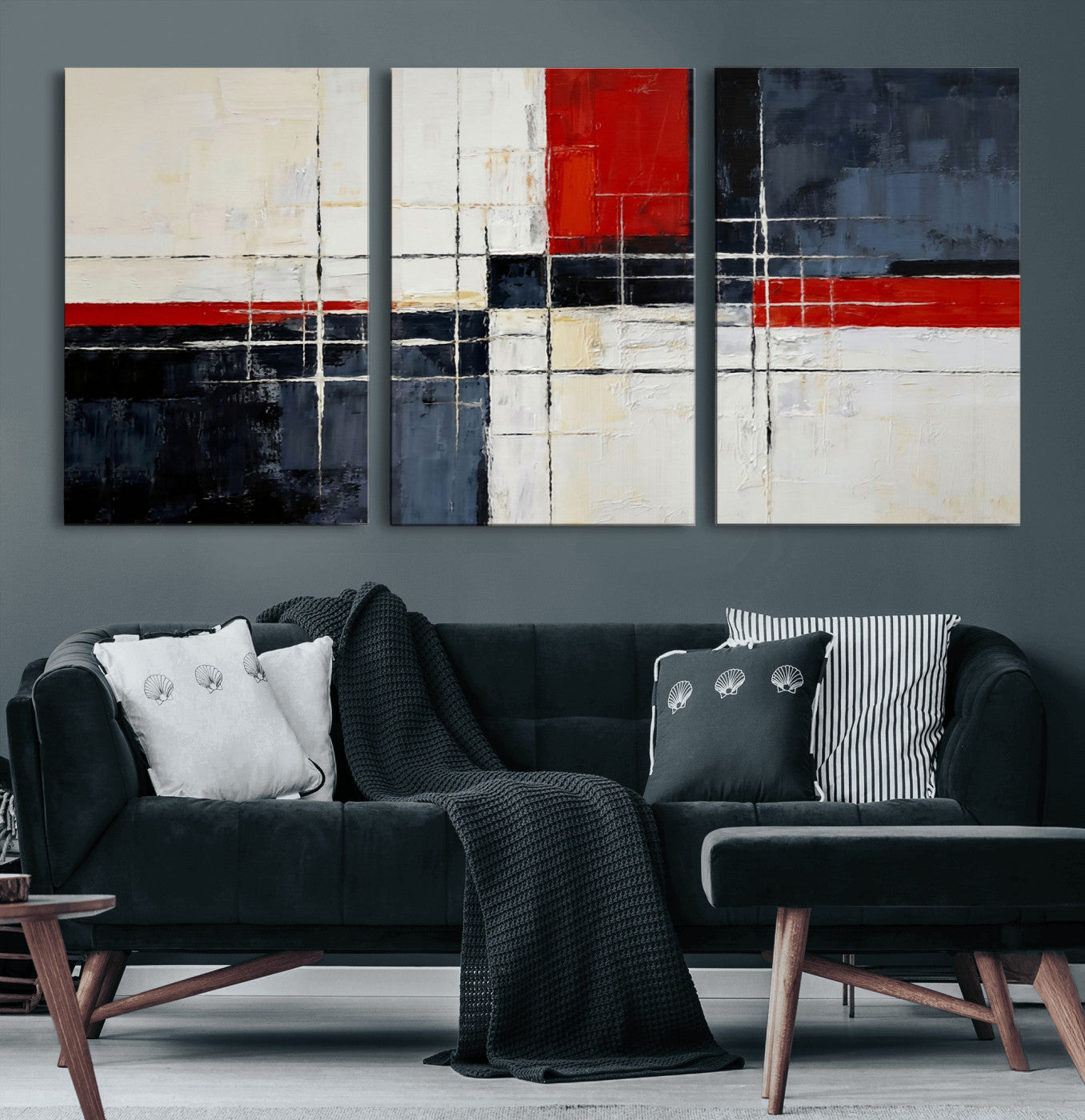 44088165-MGV-CV-36X24 - Navy Red Abstract Wall Art Canvas Print, Modern Luxury Geometric Painting Wall Decor for Living Room and Office