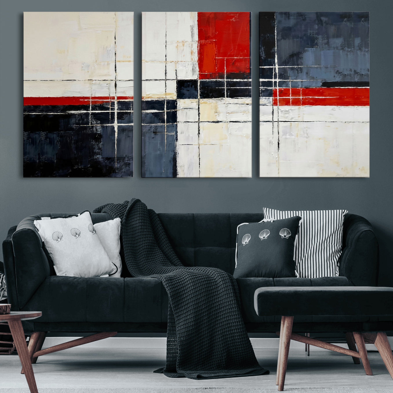 11921181-MGV-CV-36X24 - Navy Red Abstract Wall Art Canvas Print, Modern Luxury Geometric Painting Wall Decor for Living Room and Office
