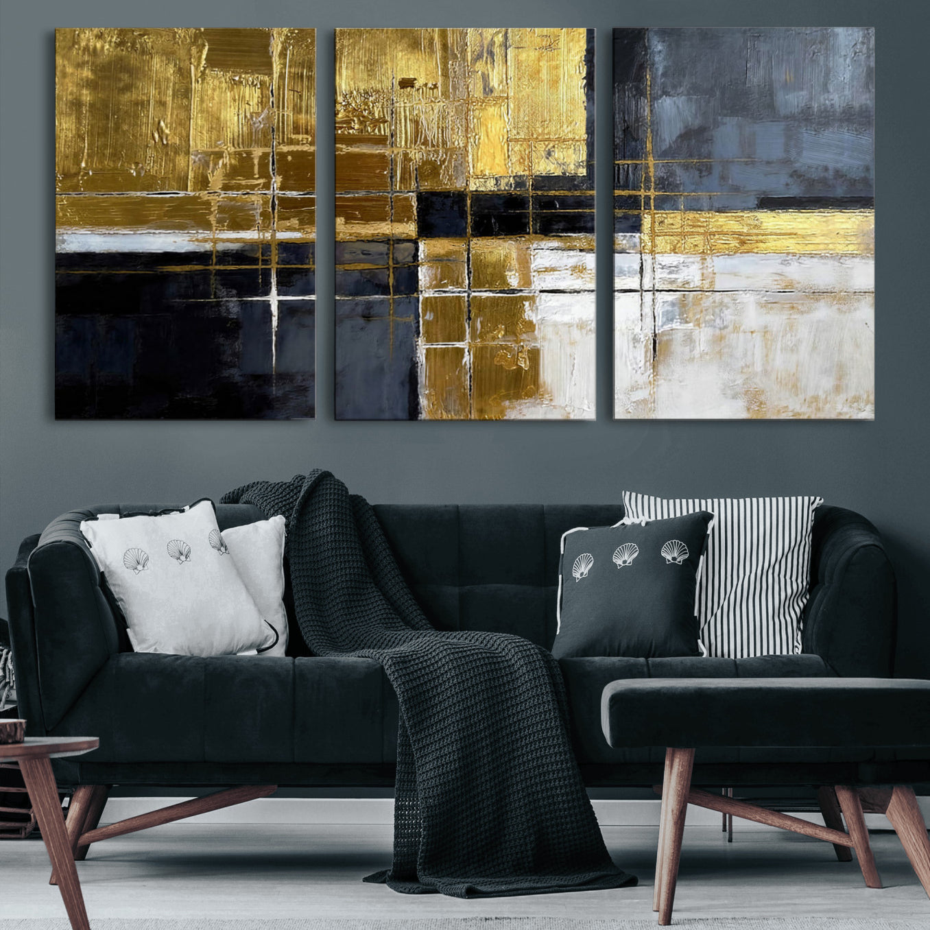 76917030-MGV-CV-36X24 - Gold Navy Abstract Wall Art Canvas Print, Modern Luxury Geometric Painting Wall Decor for Living Room and Office
