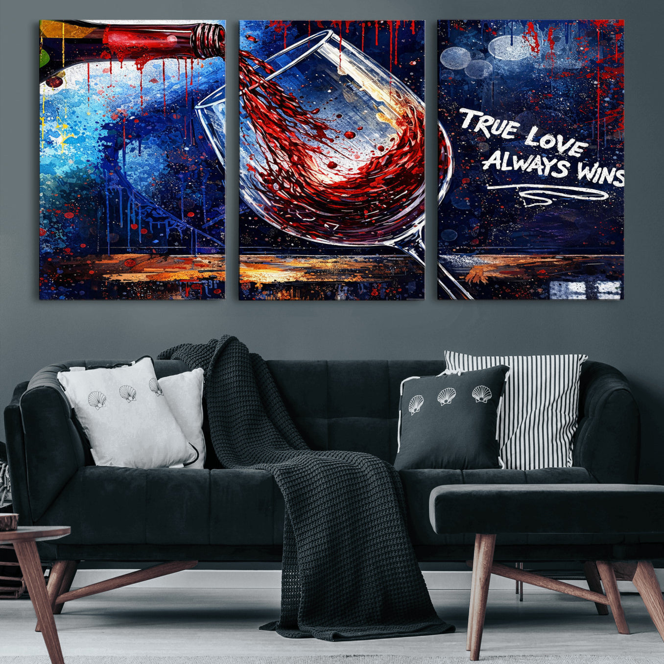 88788932-MGV-CV-36X24 - Red Wine Splash Abstract Wall Art Canvas Print, Modern Wine Glass Painting Canvas Print, Romantic Quote Contemporary Bar Art Print