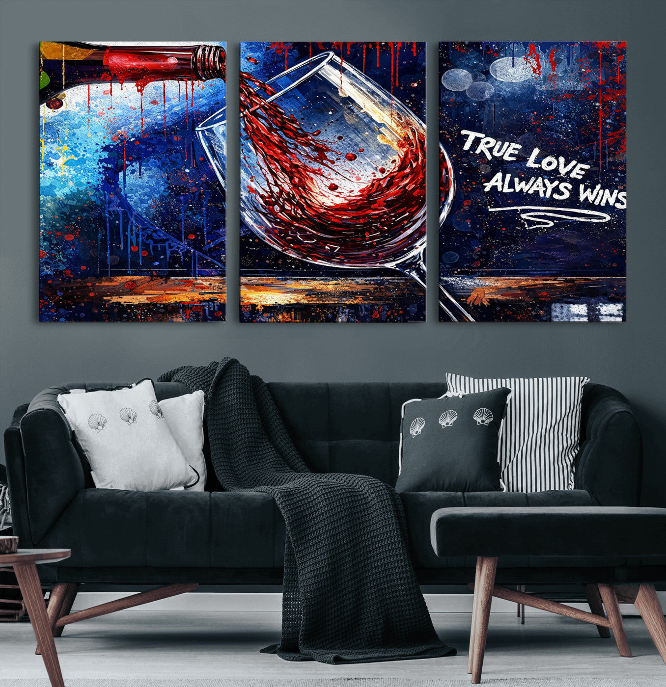 88788932-MGV-CV-36X24 - Red Wine Splash Abstract Wall Art Canvas Print, Modern Wine Glass Painting Canvas Print, Romantic Quote Contemporary Bar Art Print
