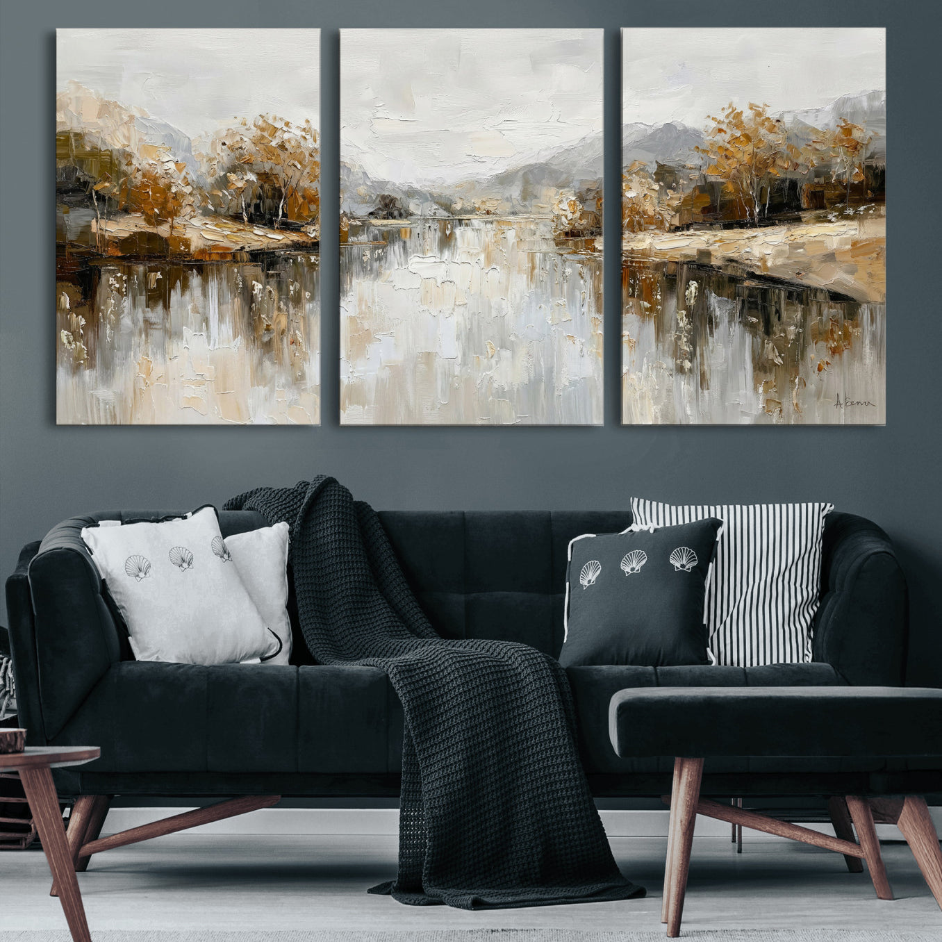 78227690-MGV-CV-36X24 - Neutral Abstract Lake Landscape Wall Art Canvas Print, Modern Minimal River Reflection Canvas Print, Beige Gray Contemporary Nature Art Printing