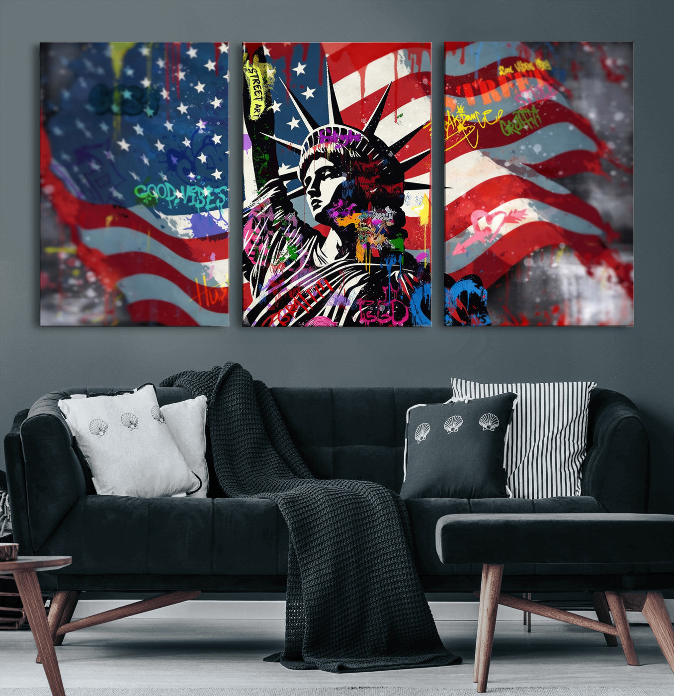 32151941-MGV-CV-36X24 - USA Statue of Liberty Graffiti Street Art Wall Art Canvas Print, American Flag Urban Pop Art Canvas Print, Modern Patriotic Street Art Contemporary Art Printing