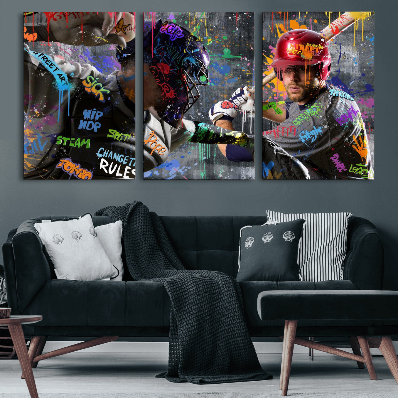 19634994-MGV-CV-36X24 - Graffiti Baseball Player Street Art Wall Art Canvas Print, Urban Sports Pop Art Baseball Canvas Print, Modern Athletic Graffiti Contemporary Art Printing