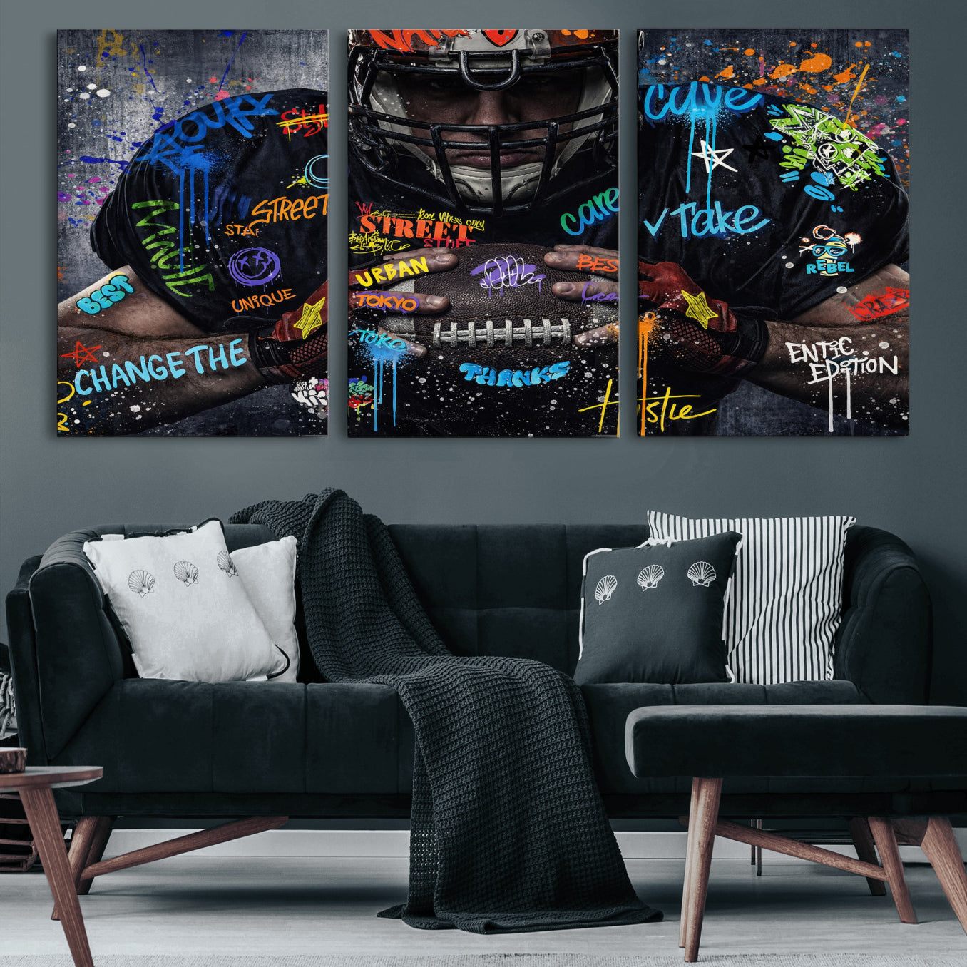 55267256-MGV-CV-36X24 - Graffiti American Football Player Street Art Wall Art Canvas Print, Urban Sports Pop Art Football Canvas Print, Modern Athletic Graffiti Contemporary Art Printing