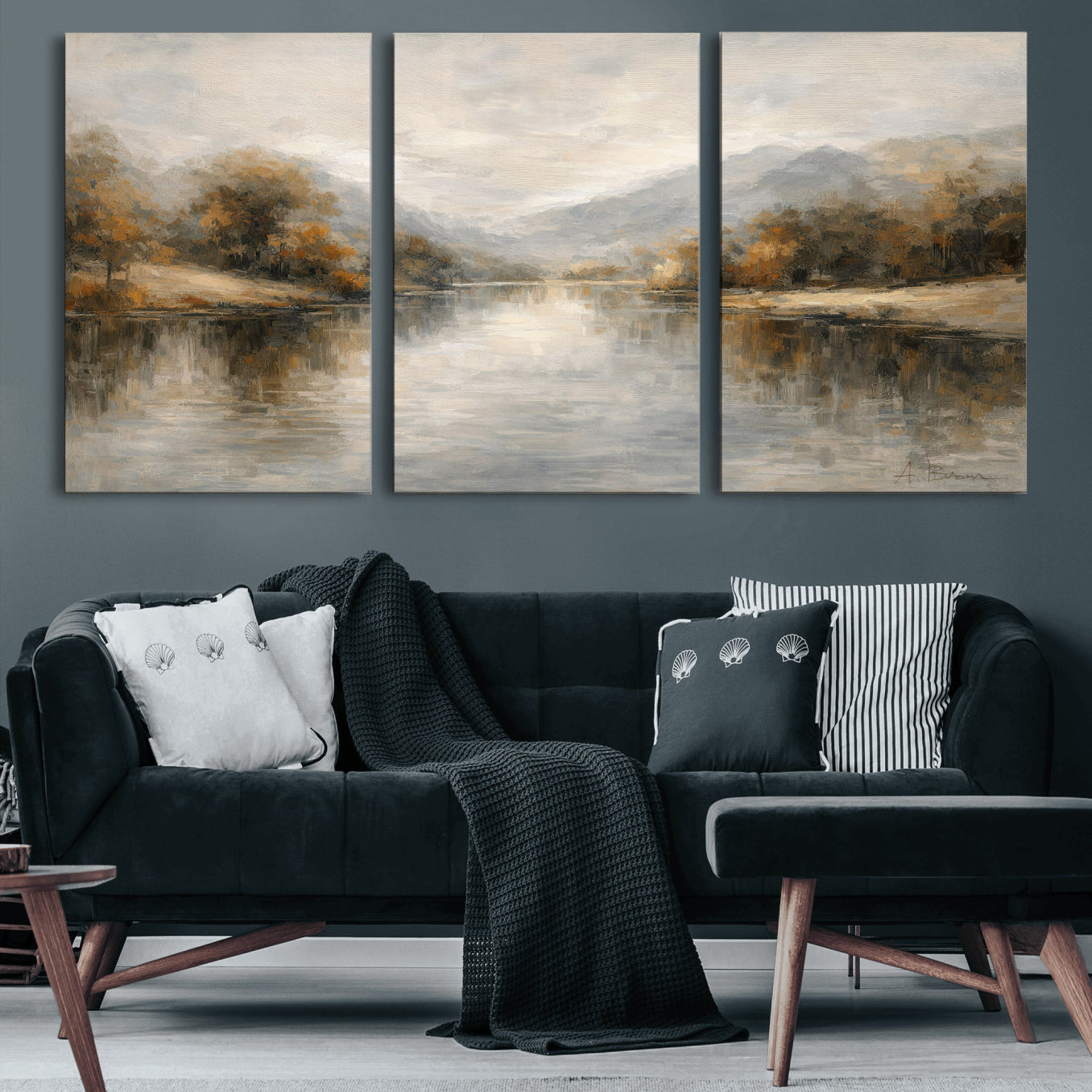 29251761-MGV-CV-36X24 - Neutral Abstract River Landscape Wall Art Canvas Print, Modern Minimal Nature Reflection Canvas Print, Beige Gray Contemporary Mountain Art Printing