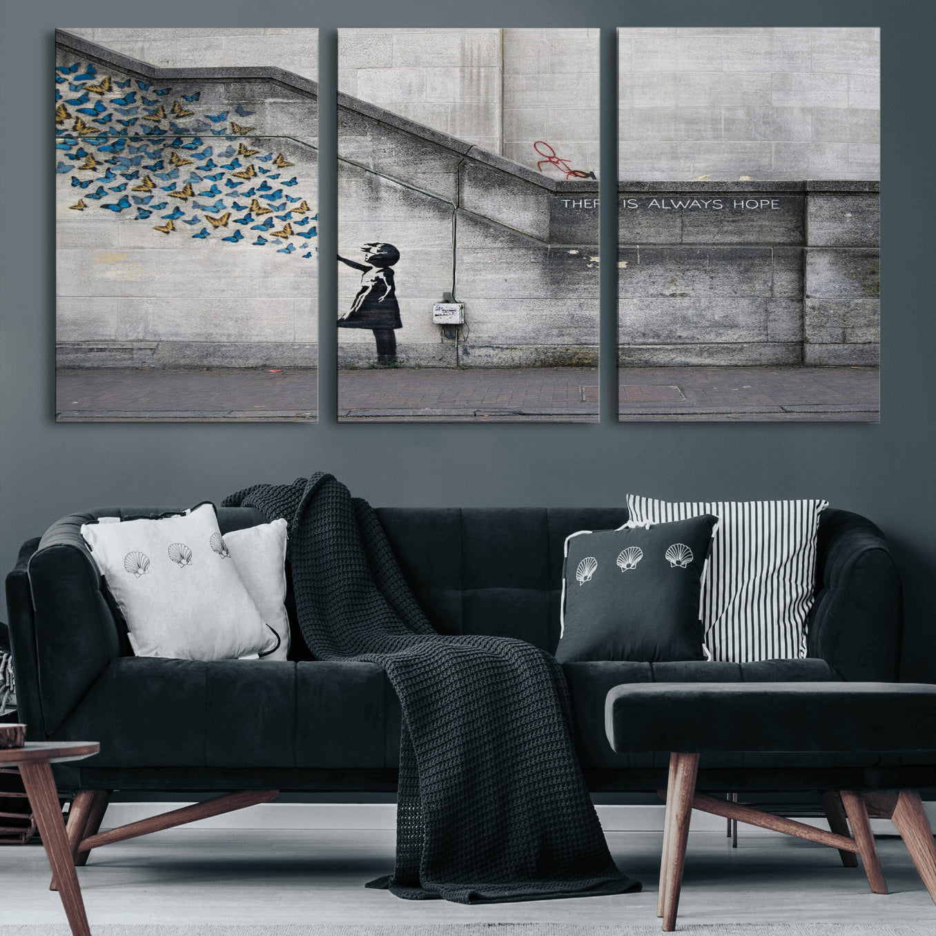15274223-MGV-CV-36X24 - Banksy Girl with Butterflies Street Art Wall Art Canvas Print, Hope Graffiti Urban Art Canvas Print, Minimalist Inspirational Street Art Contemporary Art Printing