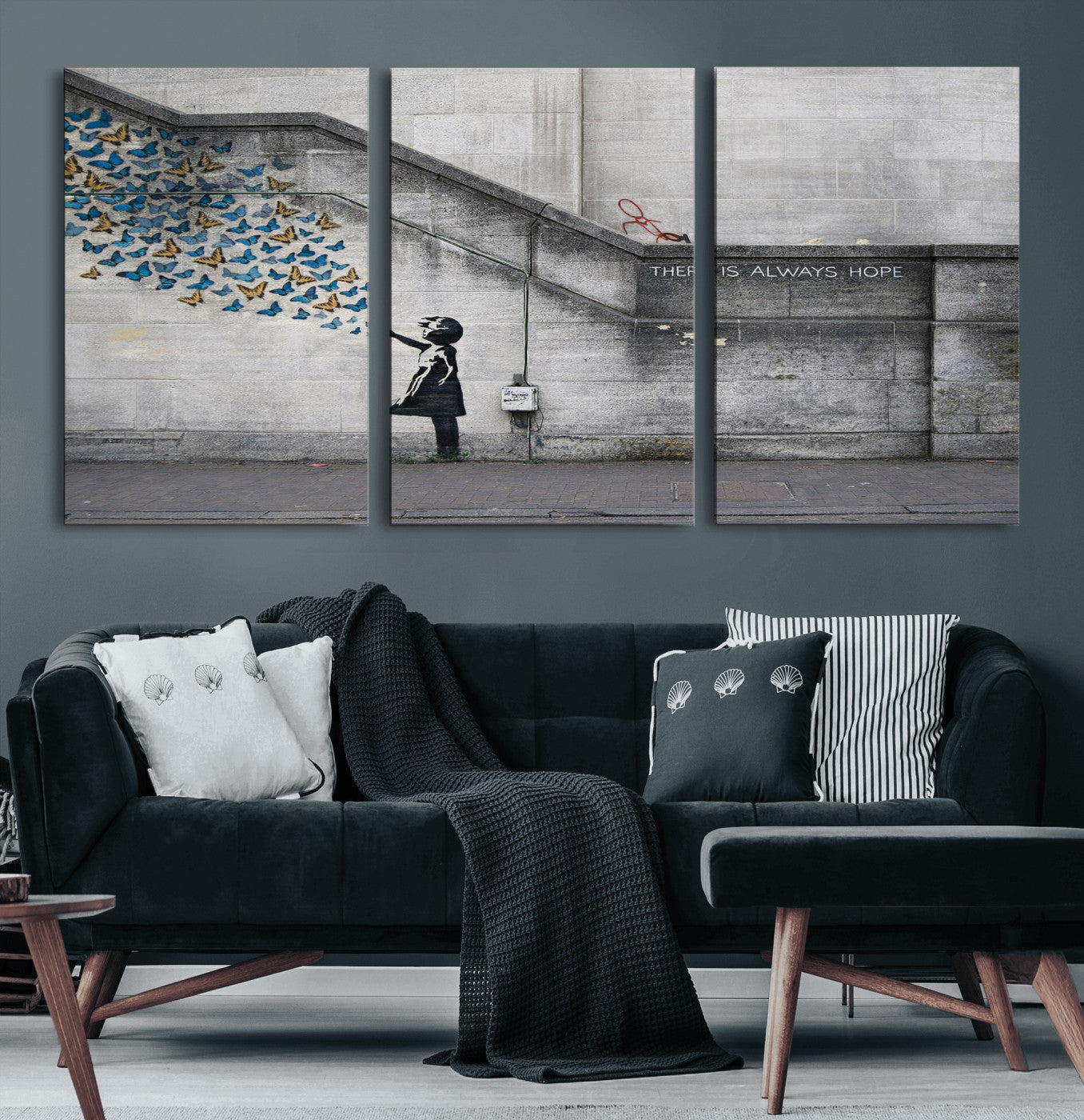15274223-MGV-CV-36X24 - Banksy Girl with Butterflies Street Art Wall Art Canvas Print, Hope Graffiti Urban Art Canvas Print, Minimalist Inspirational Street Art Contemporary Art Printing
