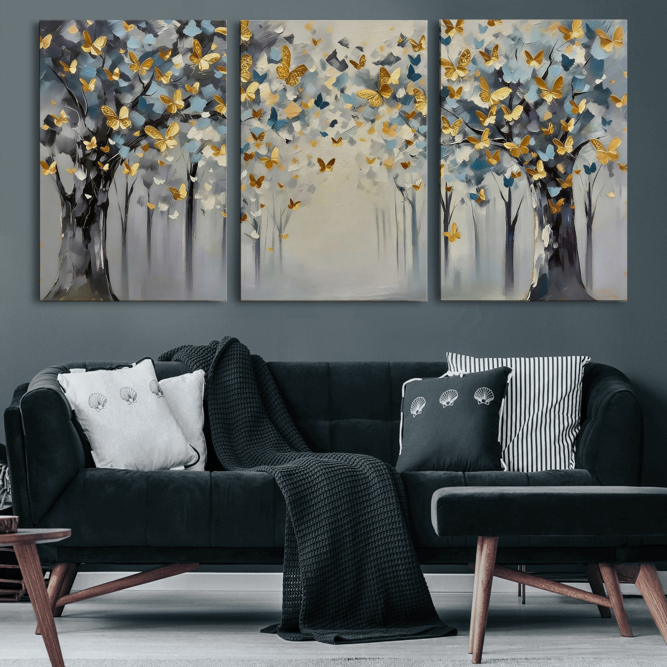 79208191-MGV-CV-36X24 - Golden Butterfly Tree Abstract Wall Art Canvas Print, Modern Elegant Nature Painting Canvas Print, Blue Gold Contemporary Floral Art Printing