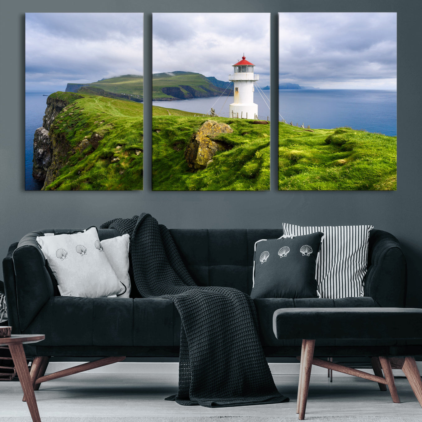10680390-MGV-CV-36X24 - Coastal Lighthouse Wall Art Canvas Print, Cliffside Ocean Landscape Canvas Print, Scandinavian Coastal Decor for Living Room
