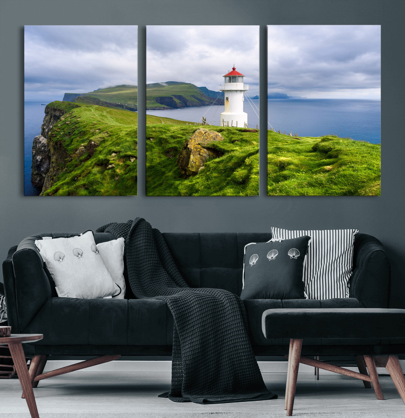 10680390-MGV-CV-36X24 - Coastal Lighthouse Wall Art Canvas Print, Cliffside Ocean Landscape Canvas Print, Scandinavian Coastal Decor for Living Room
