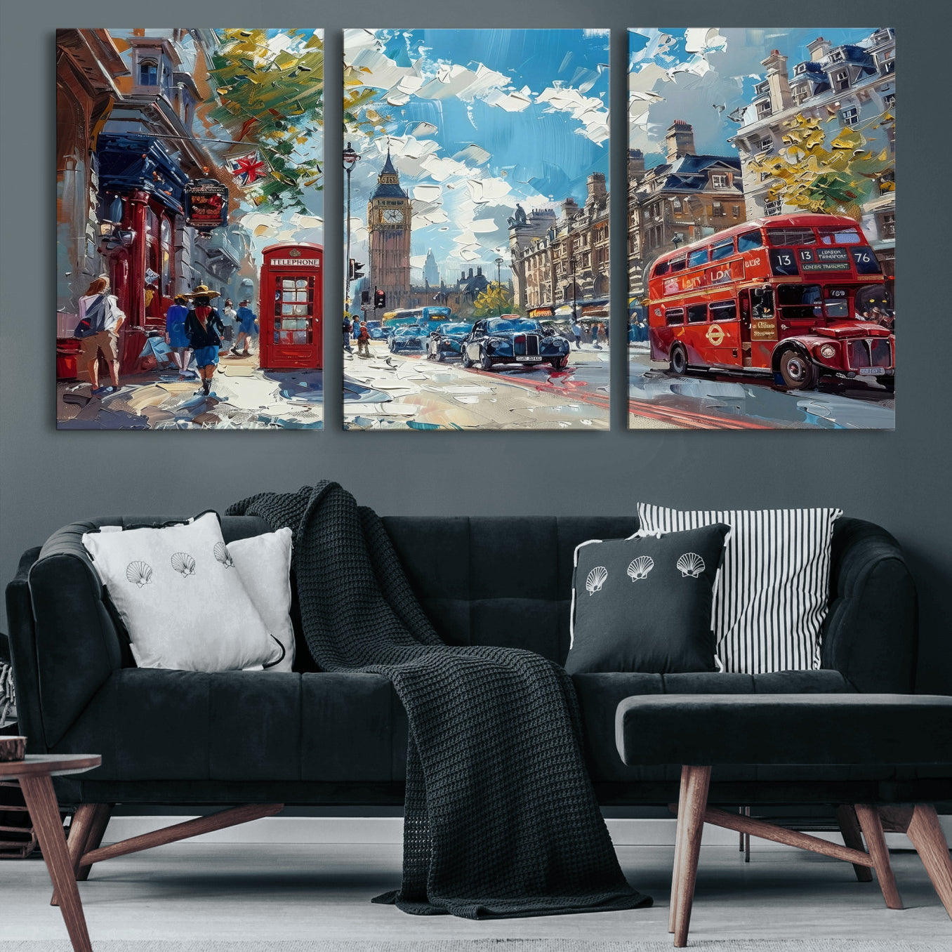17630888-MGV-CV-36X24 - Modern London City Street Wall Art Canvas Print, Big Ben & Red Bus Artwork Canvas Print