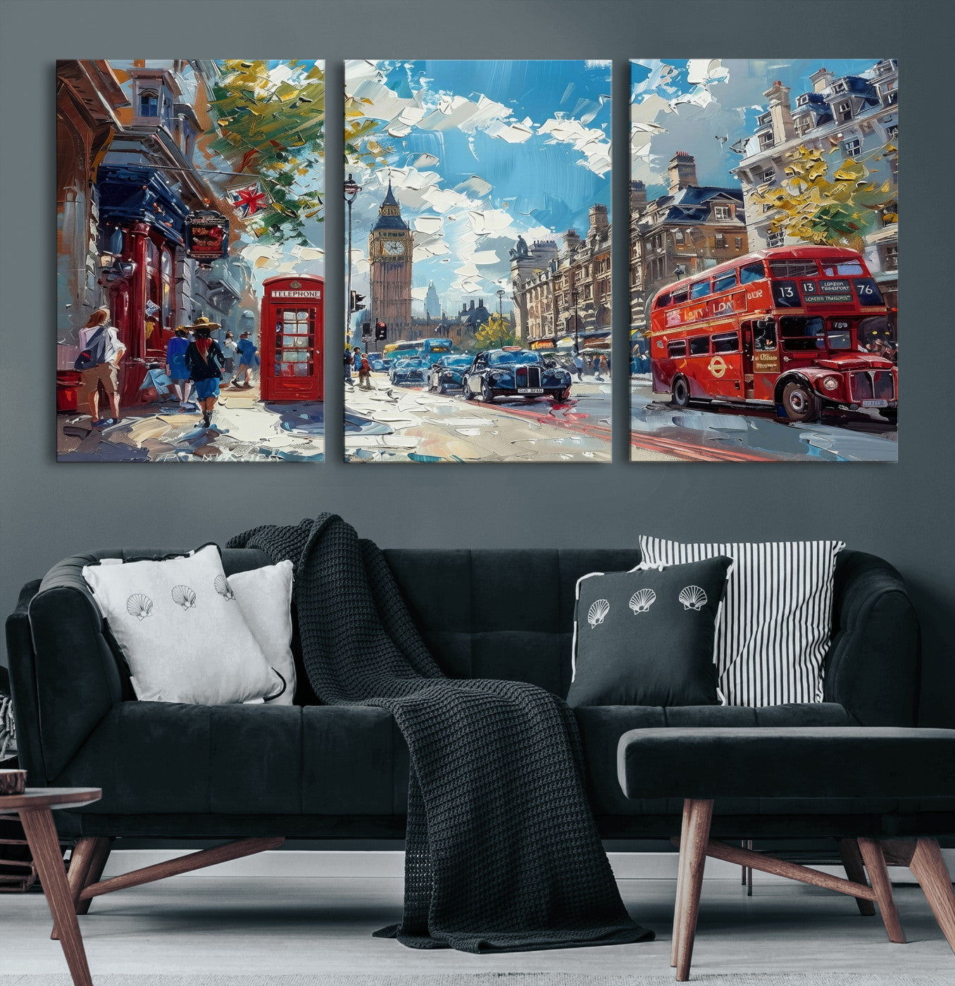 17630888-MGV-CV-36X24 - Modern London City Street Wall Art Canvas Print, Big Ben & Red Bus Artwork Canvas Print