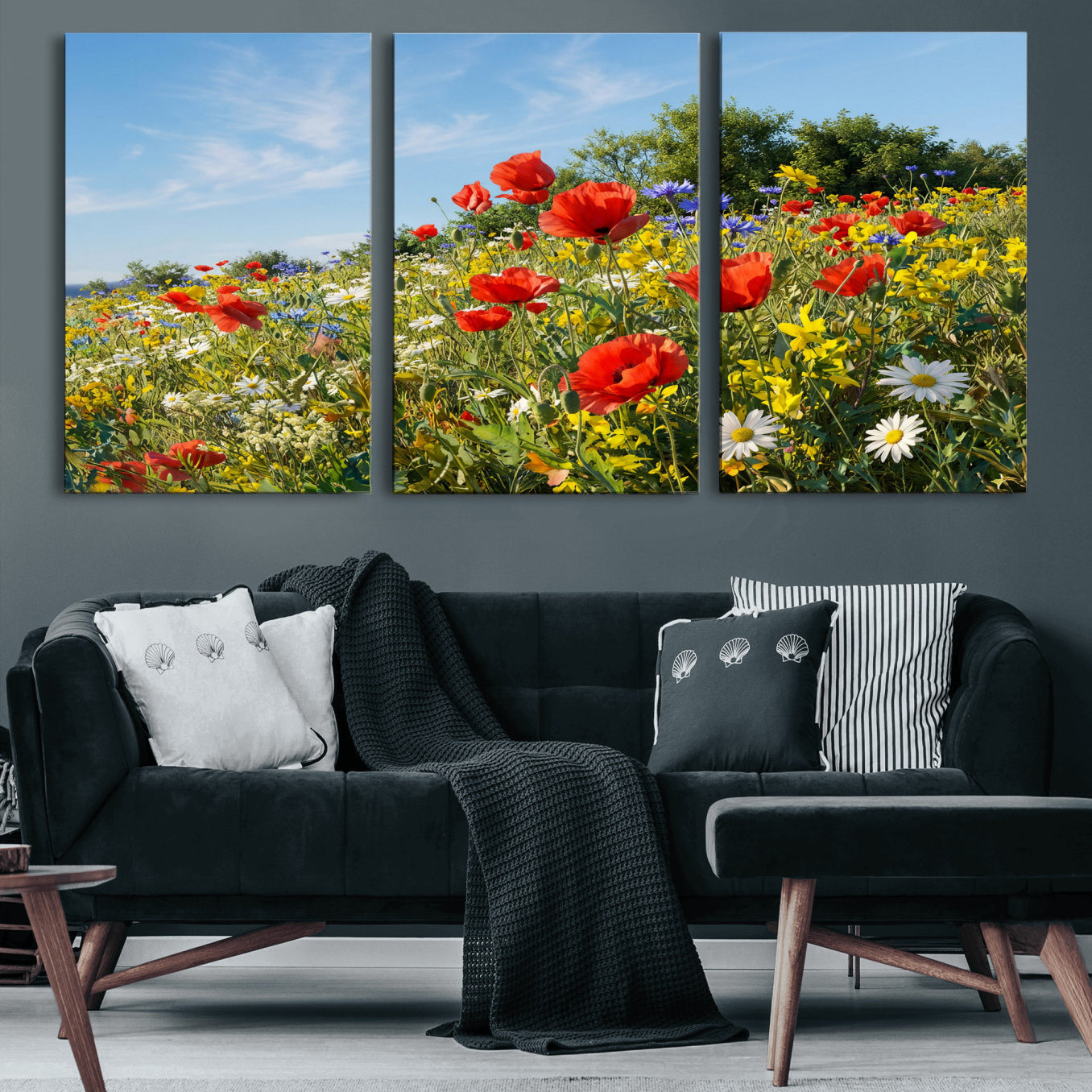 38570784-MGV-CV-36X24 - Wildflower Meadow Wall Art Canvas Print – Colorful Poppy and Daisy Field Landscape Artwork for Living Room Decor