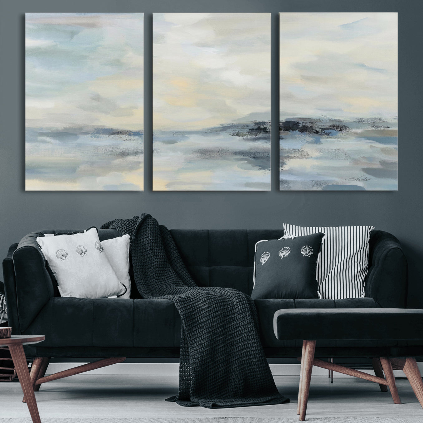 24647355-MGV-CV-36X24 - Abstract Coastal Landscape Wall Art Canvas Print – Soft Blue Gray Minimalist Painting