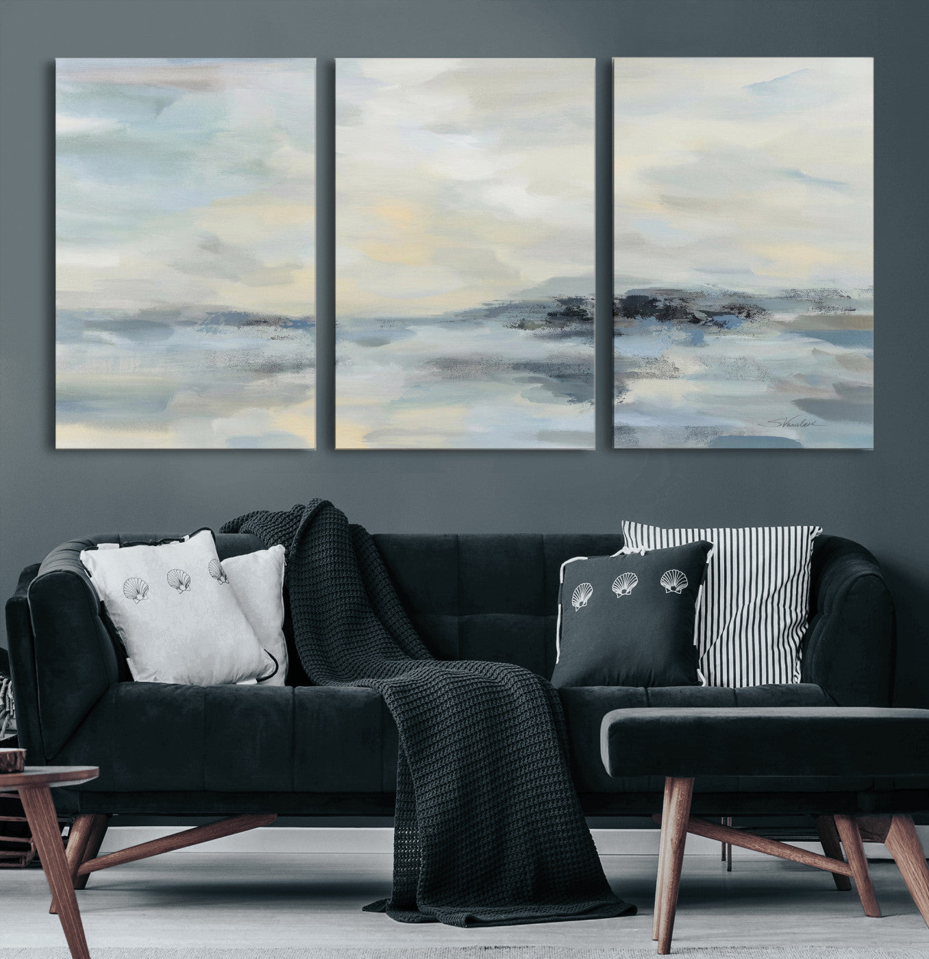 24647355-MGV-CV-36X24 - Abstract Coastal Landscape Wall Art Canvas Print – Soft Blue Gray Minimalist Painting