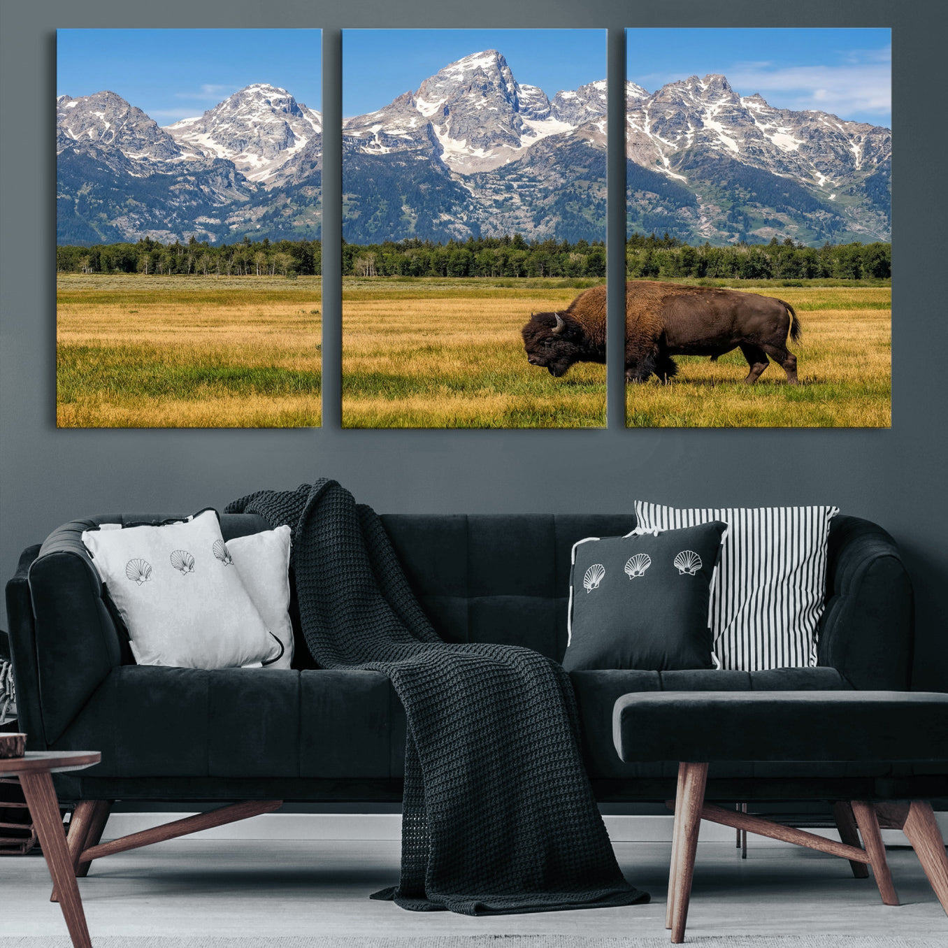 20424529-MGV-CV-36X24 - Bison in Mountain Landscape Wall Art Canvas Print – Western Wildlife Artwork for Rustic Living Room Decor