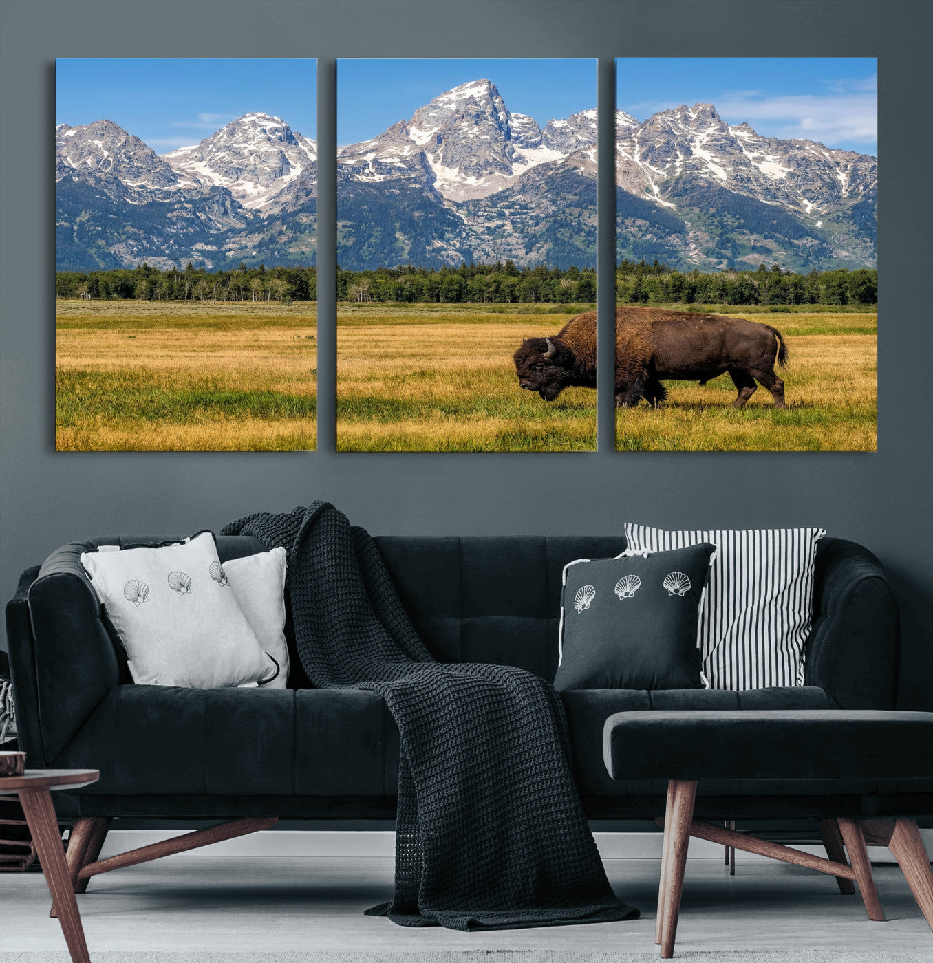 20424529-MGV-CV-36X24 - Bison in Mountain Landscape Wall Art Canvas Print – Western Wildlife Artwork for Rustic Living Room Decor