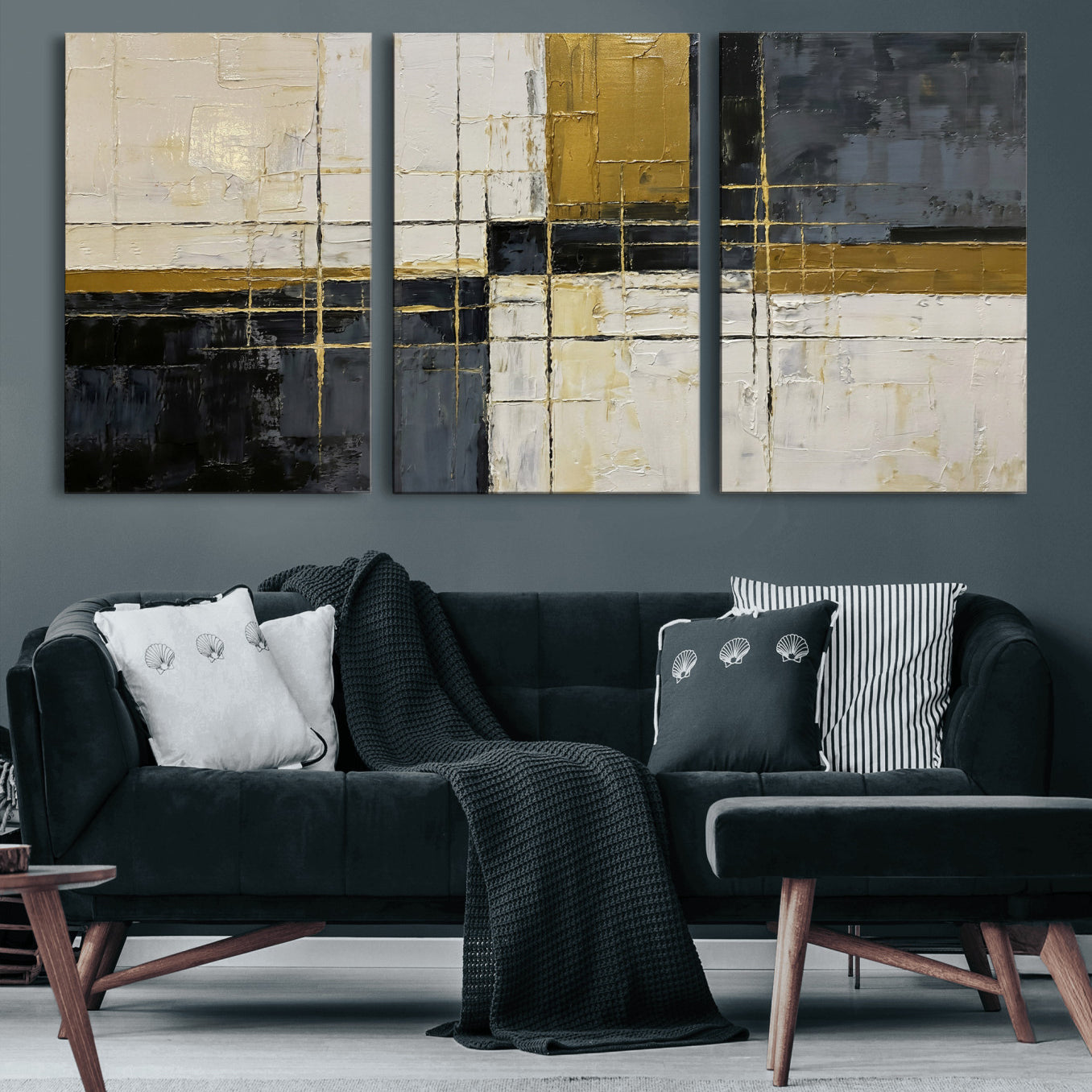 36097945-MGV-CV-36X24 - Abstract Gold and Black Wall Art Canvas Print – Modern Geometric Neutral Artwork for Living Room Decor