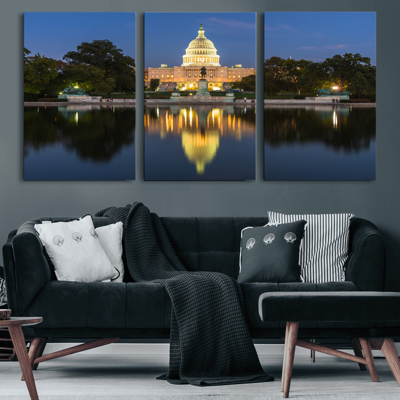 95568590-MGV-CV-36X24 - US Capitol Building Wall Art Canvas Print – Washington DC Landmark Night Reflection Artwork for Office Decor