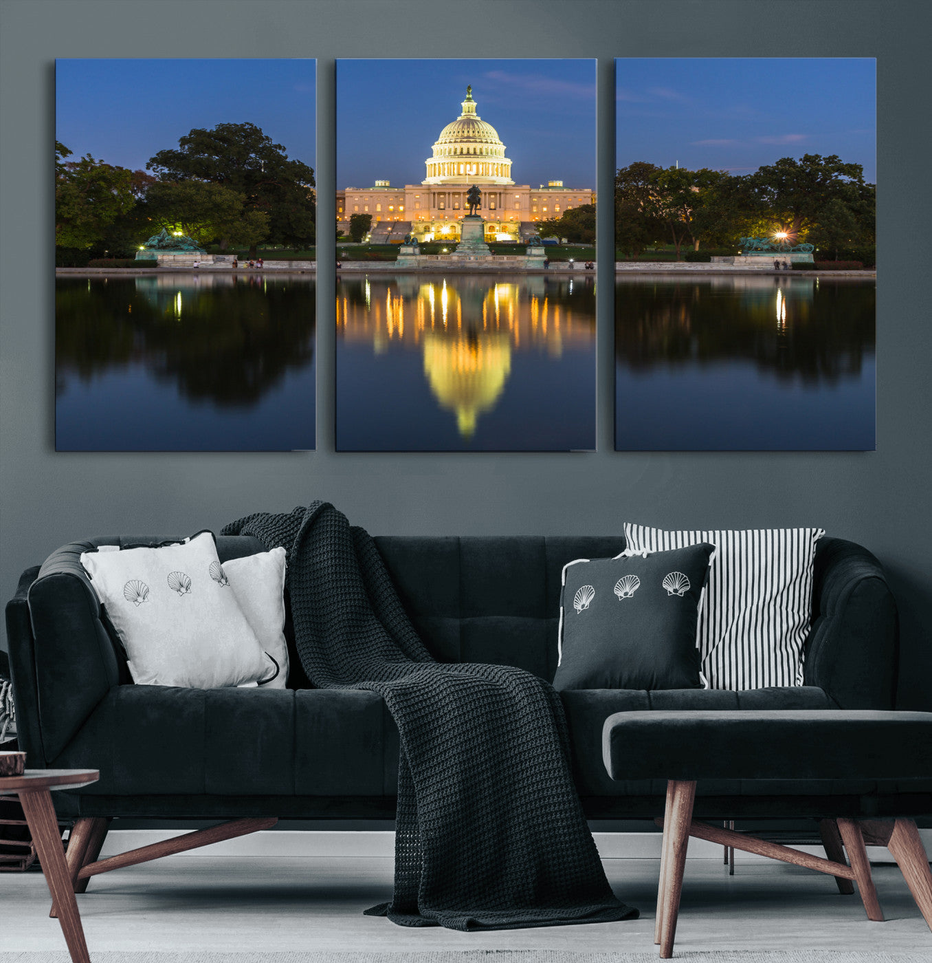95568590-MGV-CV-36X24 - US Capitol Building Wall Art Canvas Print – Washington DC Landmark Night Reflection Artwork for Office Decor