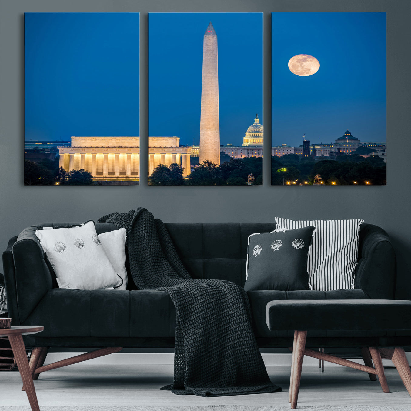 96712946-MGV-CV-36X24 - Washington DC Skyline Wall Art Canvas Print – Lincoln Memorial, Washington Monument and US Capitol Night Cityscape Artwork