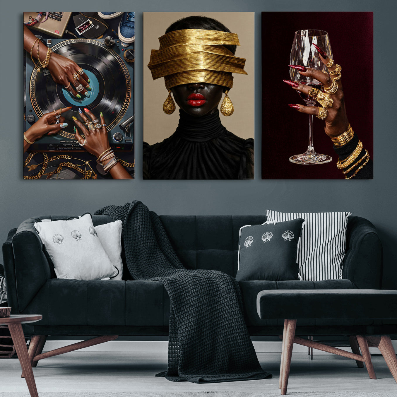 8151788S6-MGV-CV-60X30-3P - Luxury Fashion Wall Art Canvas Print Set of 3, Gold Jewelry Portrait Triptych, Glam Black Woman Modern Artwork