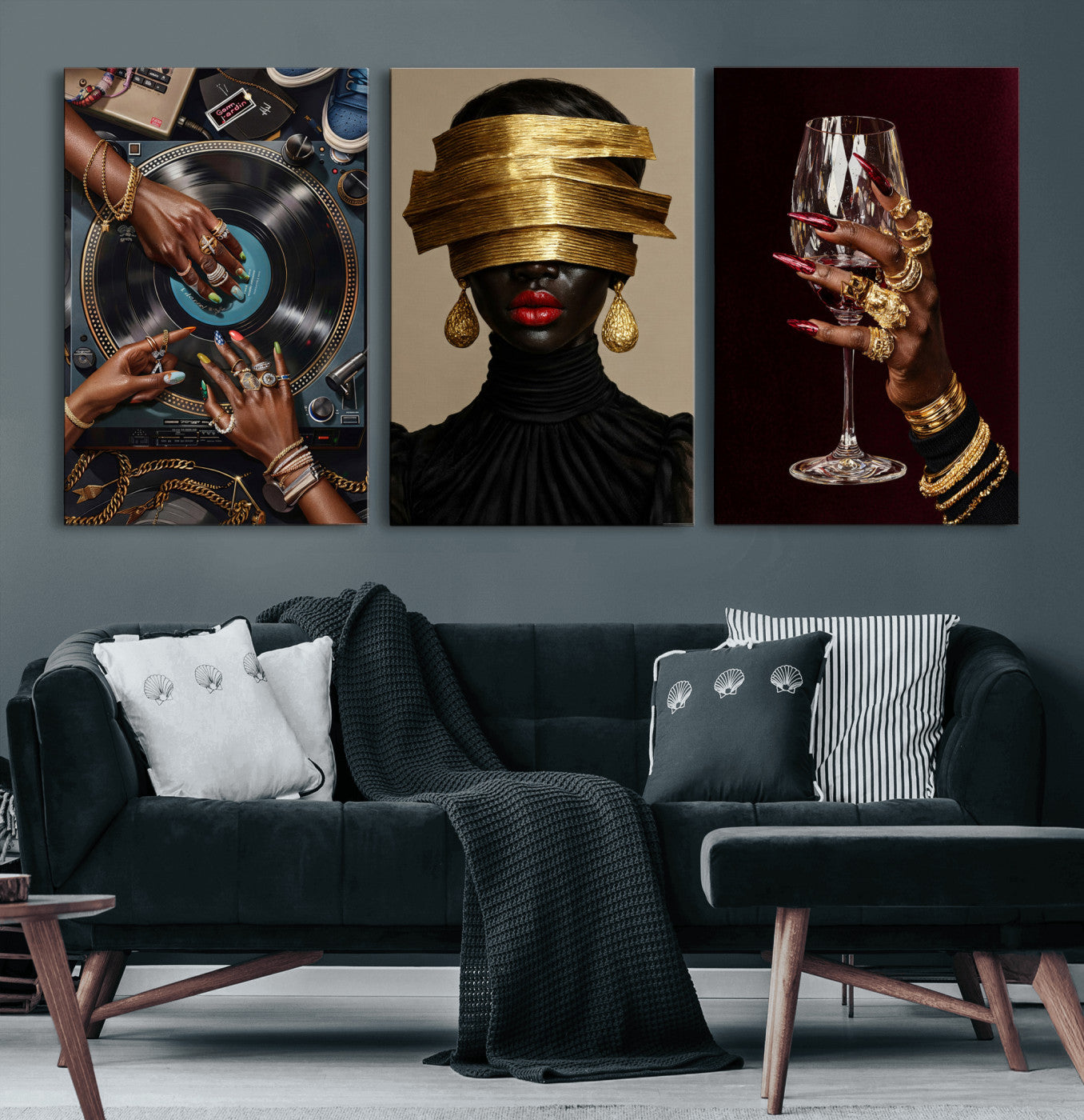 8151788S6-MGV-CV-60X30-3P - Luxury Fashion Wall Art Canvas Print Set of 3, Gold Jewelry Portrait Triptych, Glam Black Woman Modern Artwork