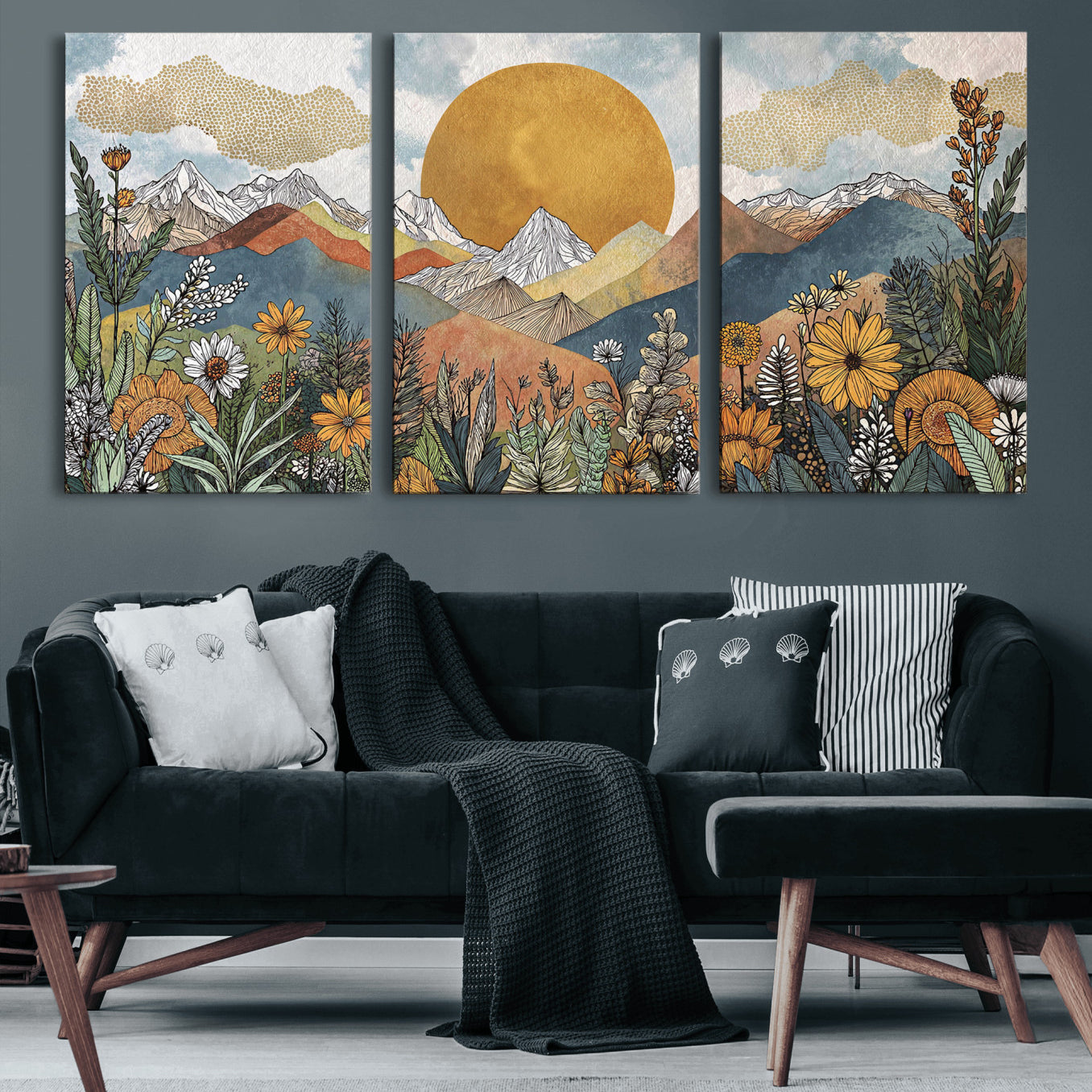 17540863-MGV-CV-36X24 - Boho Mountain Landscape Large Wall Art, Horizontal Gold Framed Canvas Print with Sun and Flowers