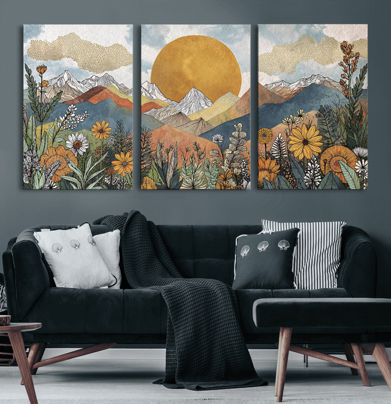 17540863-MGV-CV-36X24 - Boho Mountain Landscape Large Wall Art, Horizontal Gold Framed Canvas Print with Sun and Flowers