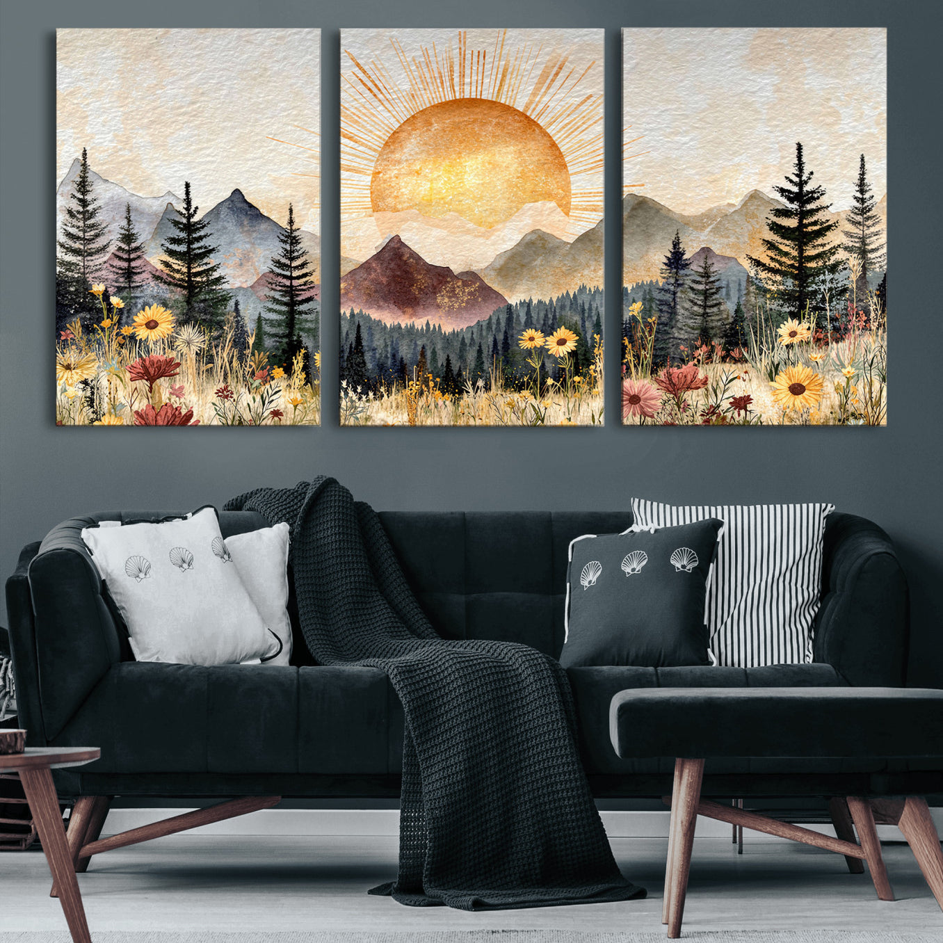 69025244-MGV-CV-36X24 - Boho Mountain Landscape Large Wall Art, Horizontal Gold Framed Canvas Print with Sun and Flowers