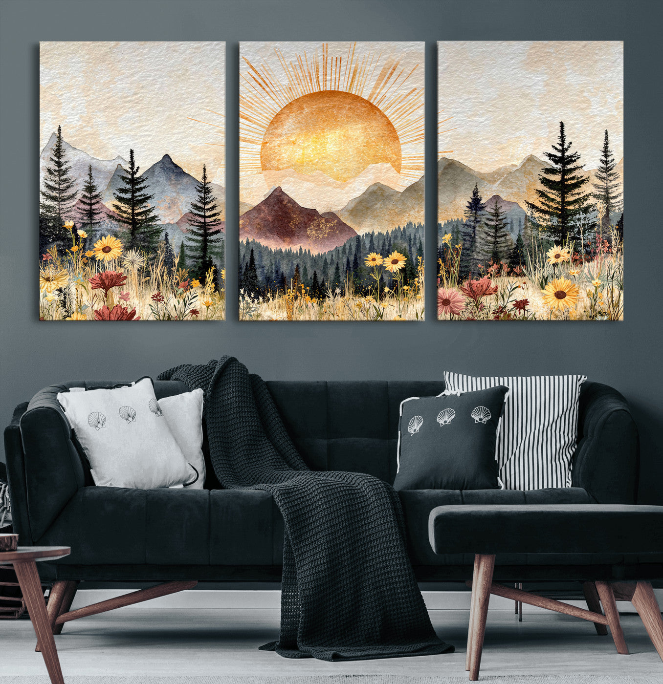 69025244-MGV-CV-36X24 - Boho Mountain Landscape Large Wall Art, Horizontal Gold Framed Canvas Print with Sun and Flowers