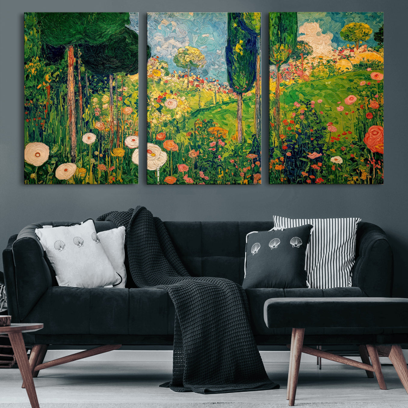 83517974-MGV-CV-36X24 - Gustav Klimt Boho Mountain Landscape Large Wall Art, Horizontal Gold Framed Canvas Print with Sun and Flowers