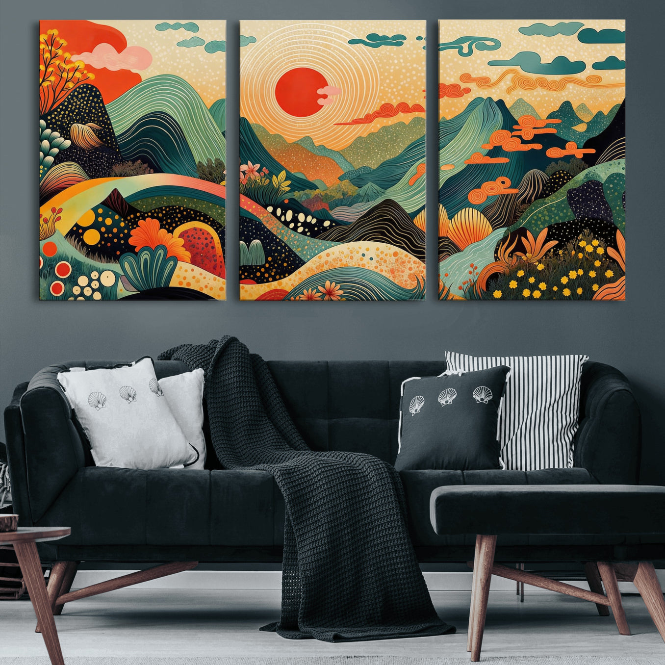 29927191-MGV-CV-36X24 - Yayoi Kusama Boho Mountain Landscape Large Wall Art, Horizontal Gold Framed Canvas Print with Sun and Flowers