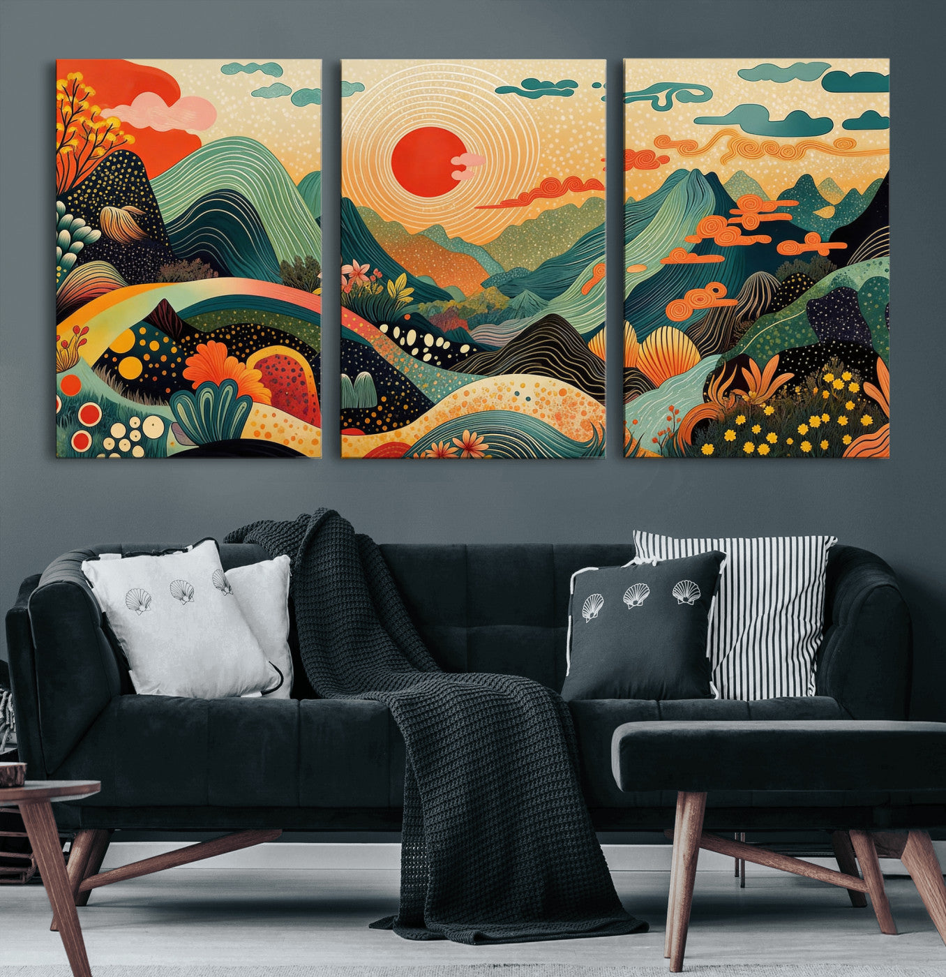 29927191-MGV-CV-36X24 - Yayoi Kusama Boho Mountain Landscape Large Wall Art, Horizontal Gold Framed Canvas Print with Sun and Flowers