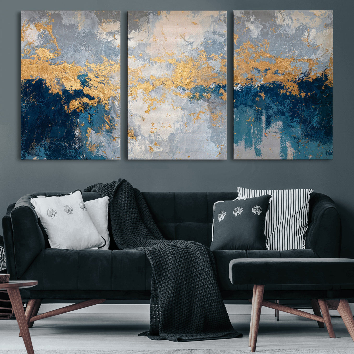 65386119-MGV-CV-36X24 - Blue Gold Abstract Large Framed Canvas Wall Art, Modern Luxury Painting Print in Horizontal Oversized Minimal Wall Decor Artwork