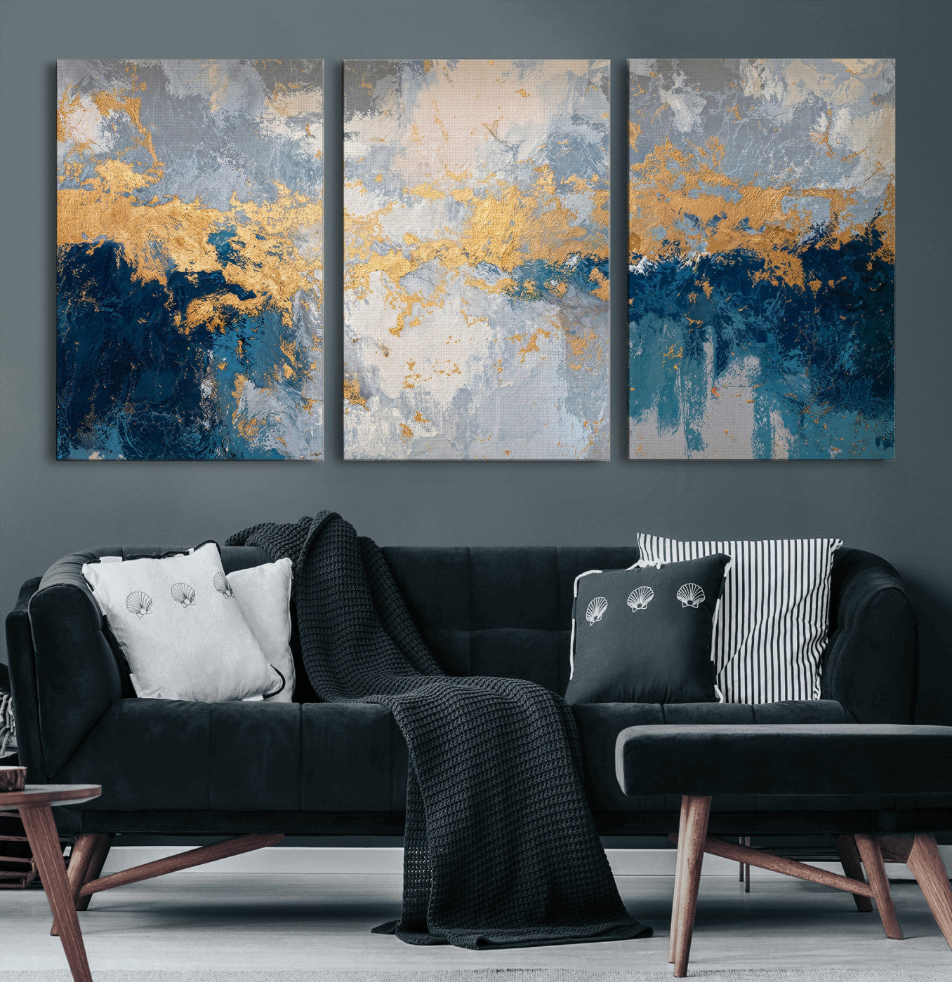 65386119-MGV-CV-36X24 - Blue Gold Abstract Large Framed Canvas Wall Art, Modern Luxury Painting Print in Horizontal Oversized Minimal Wall Decor Artwork
