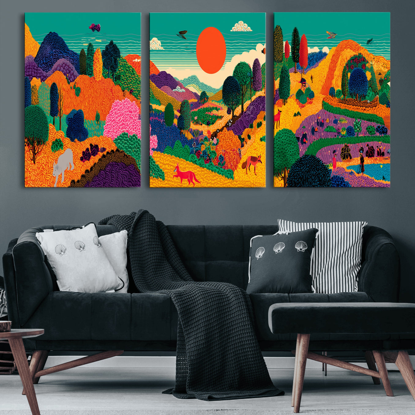 45710397-MGV-CV-48X32-3P - Colorful Japanese Landscape Print: Maximalist Panoramic Wall Art