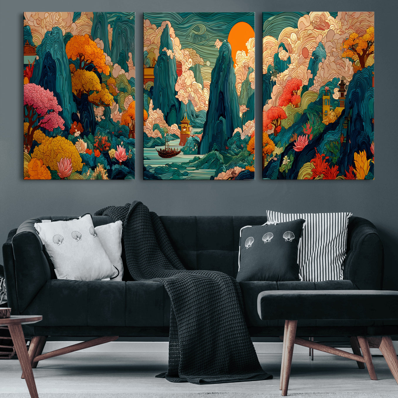 90422518-MGV-CV-48X32-3P - Colorful Japanese Landscape Print: Maximalist Panoramic Wall Art