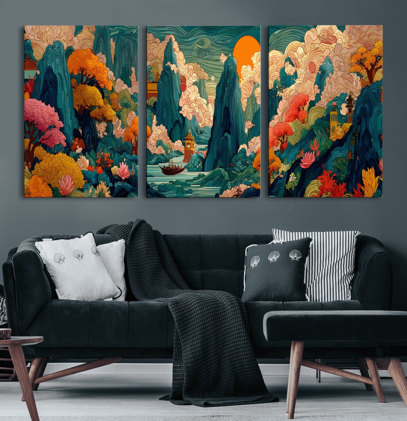 90422518-MGV-CV-48X32-3P - Colorful Japanese Landscape Print: Maximalist Panoramic Wall Art