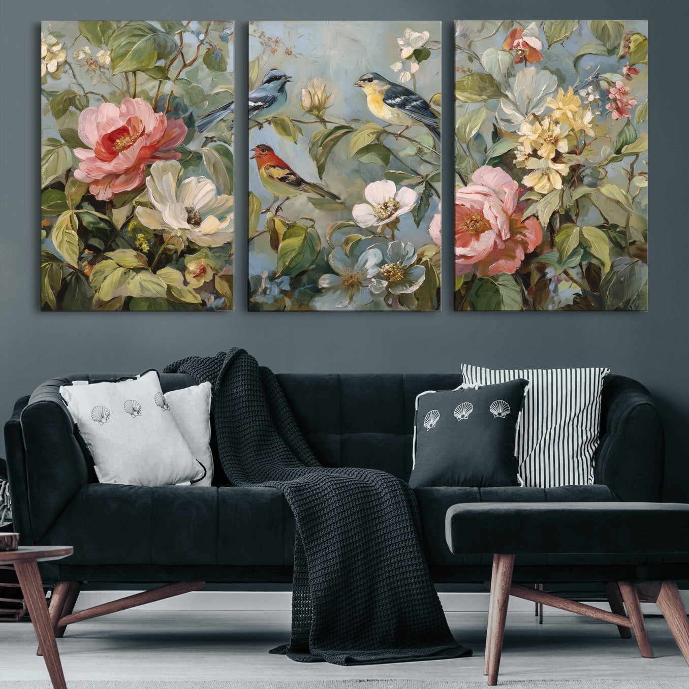 55440837-MGV-CV-36X24 - Vintage Birds and Flowers Wall Art Canvas Print, Botanical Bird Painting Canvas Print, Floral Garden Bird Artwork Canvas Print, Classic Bird Flower Painting Canvas Print