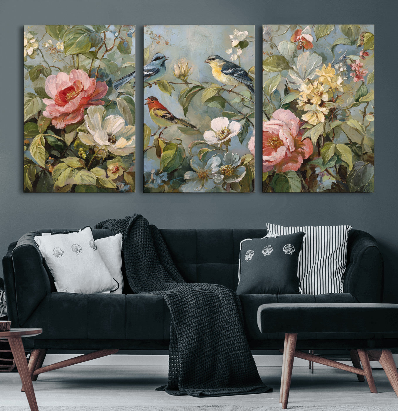 55440837-MGV-CV-36X24 - Vintage Birds and Flowers Wall Art Canvas Print, Botanical Bird Painting Canvas Print, Floral Garden Bird Artwork Canvas Print, Classic Bird Flower Painting Canvas Print