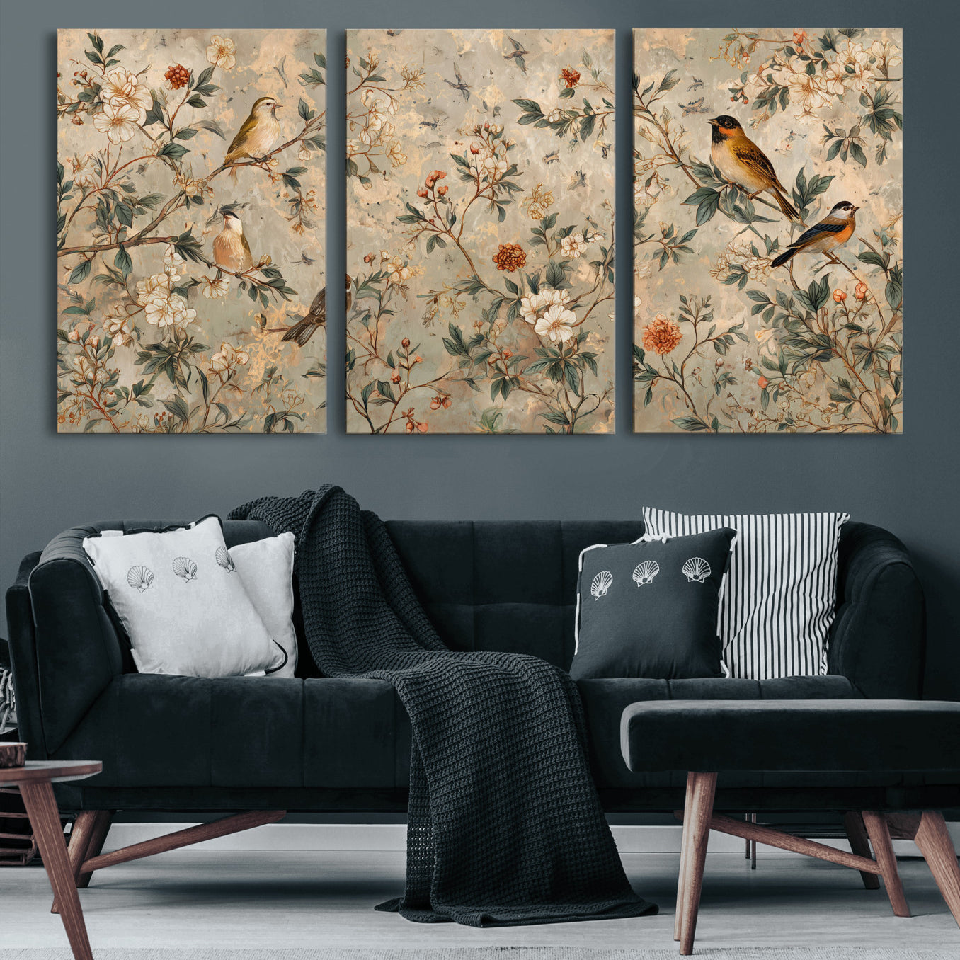 76588438-MGV-CV-36X24 - Vintage Birds and Flowers Wall Art Canvas Print, Botanical Bird Painting Canvas Print, Floral Garden Bird Artwork Canvas Print, Classic Bird Flower Painting Canvas Print